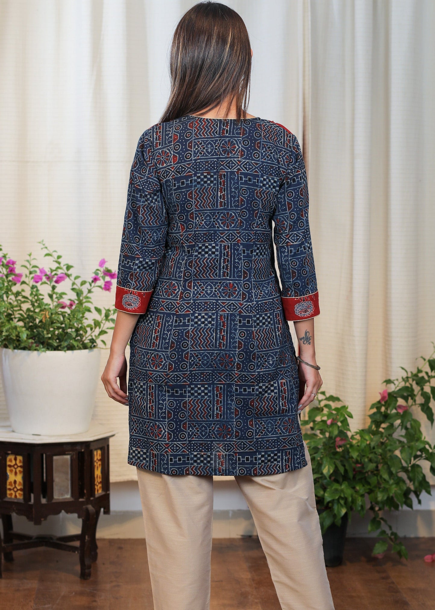 Elegant Cotton Ajrakh Combination Tunic with Moti work