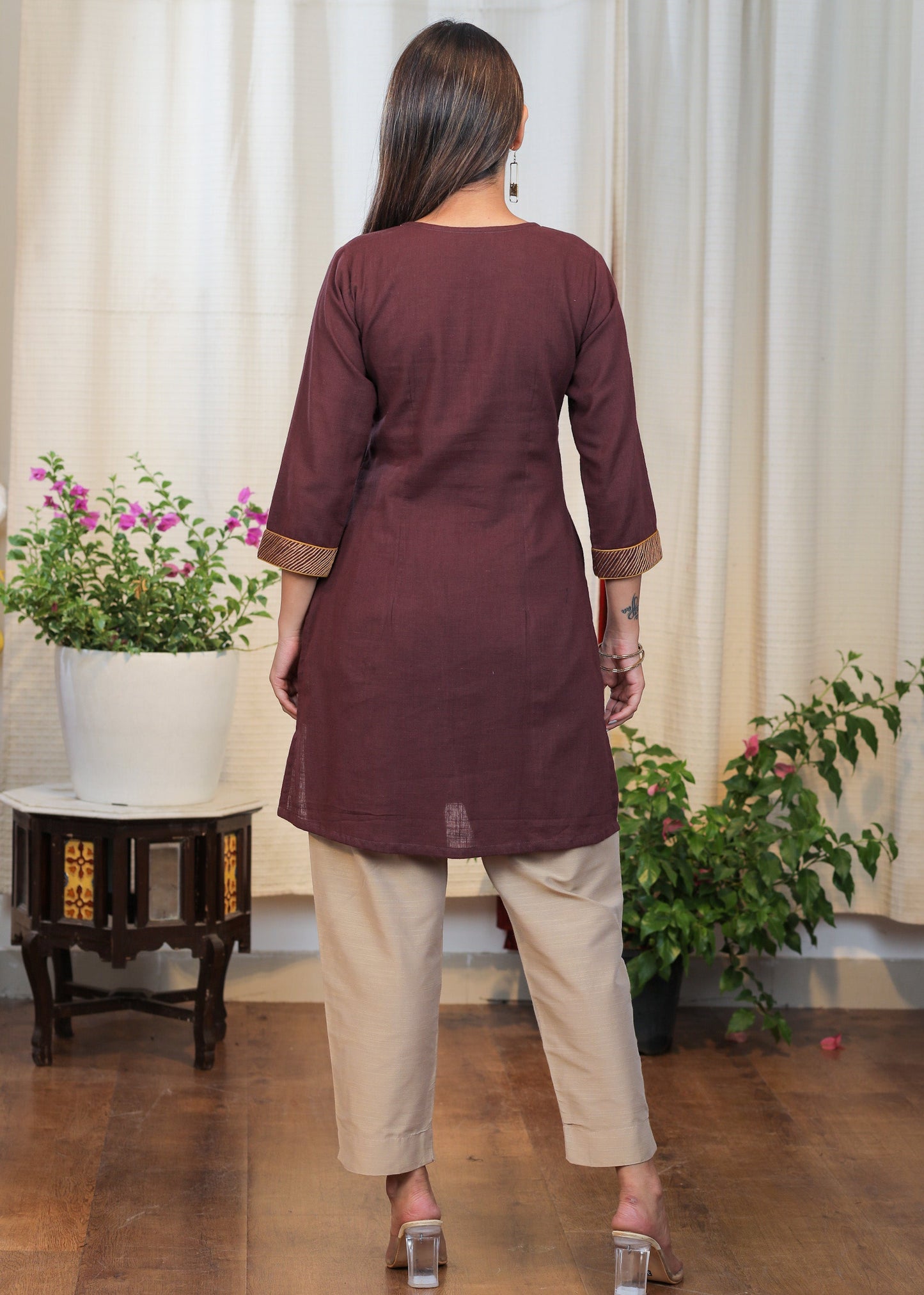 Elegant Coffee Brown Tunic With Beautifully Embroidered Yoke and Buttons
