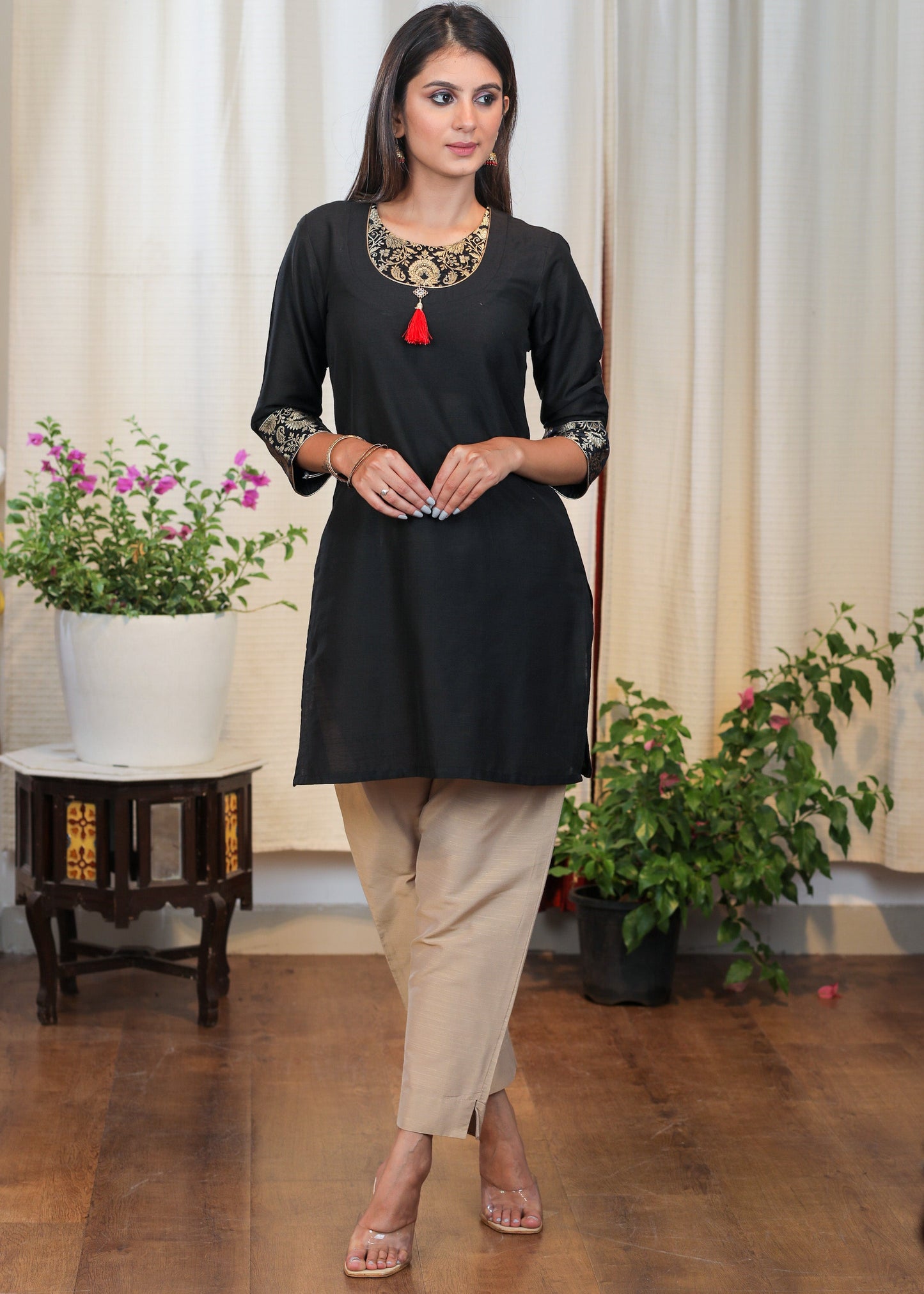 Classy Black Cotton Tunic with Pure Banarasi Details