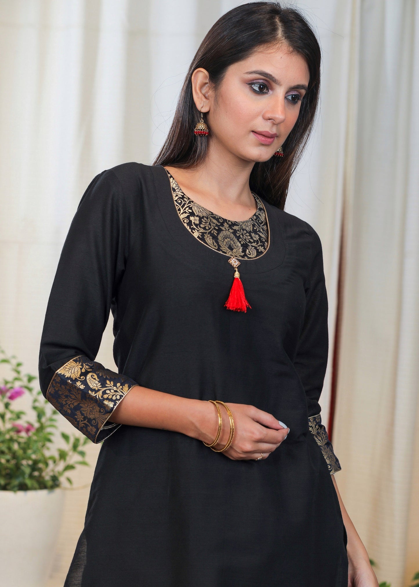 Classy Black Cotton Tunic with Pure Banarasi Details
