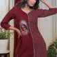Beautiful Maroon Cotton Handloom Tunic with Rare Hand Painted Gond Art & wooden Buttons