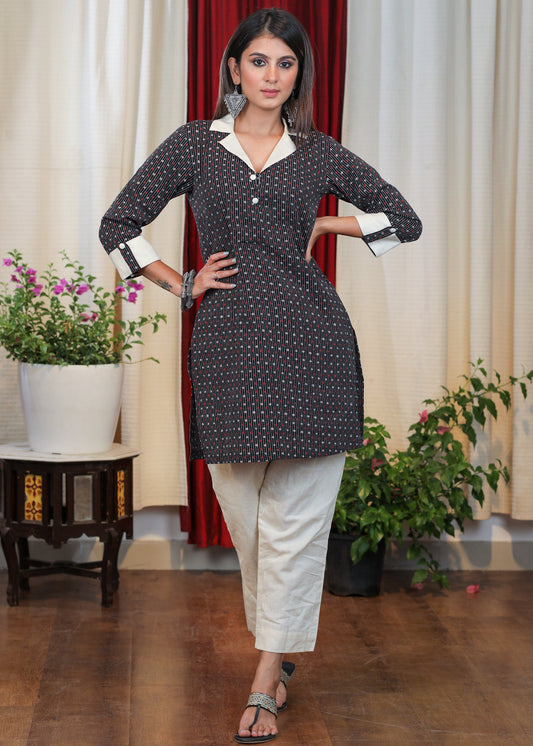 Beautiful Cotton Kantha Stitch Print Tunic with Contrast Details