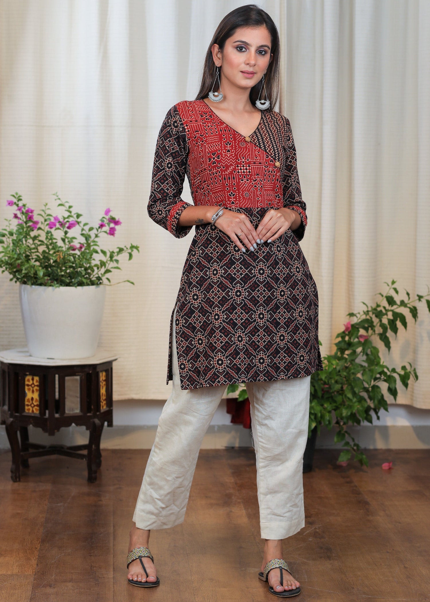 Stylish Cotton Ajrakh Overlapping Tunic with Buttons to Highlight