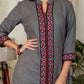 Gracious Grey Cotton Straight Cut Kurta With Beautiful Mirror and Embroidery Work