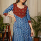 Graceful Straight Cut Cotton Indigo Kurta With Ajrakh Yoke and Golden Beads