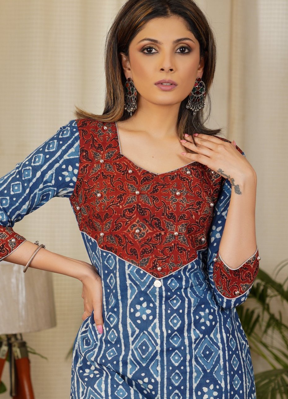Graceful Straight Cut Cotton Indigo Kurta With Ajrakh Yoke and Golden Beads