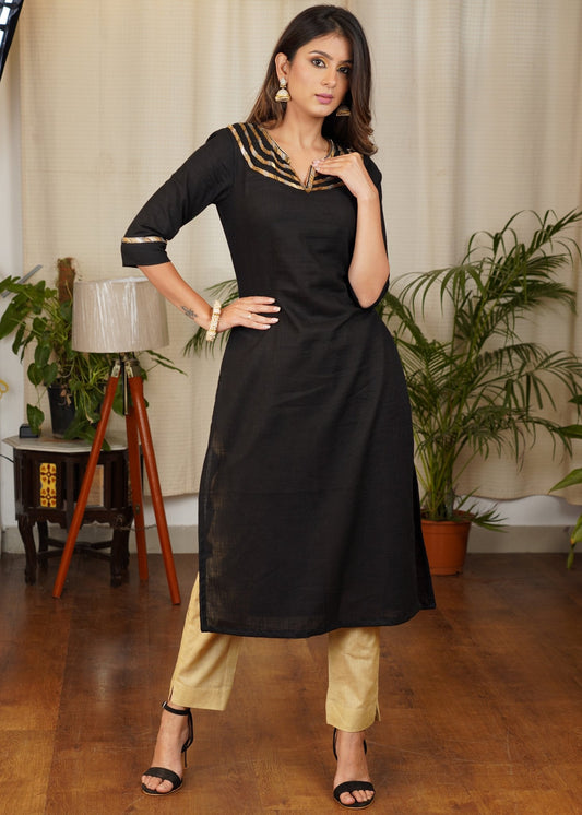 Elegant Black Straight Cut Cotton Kurta with beautiful Hand work of Subtle Gold long Glass Beads