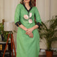 Soothing Green Straight Cut Ikat Combination Kurta With Beautiful Hand painting