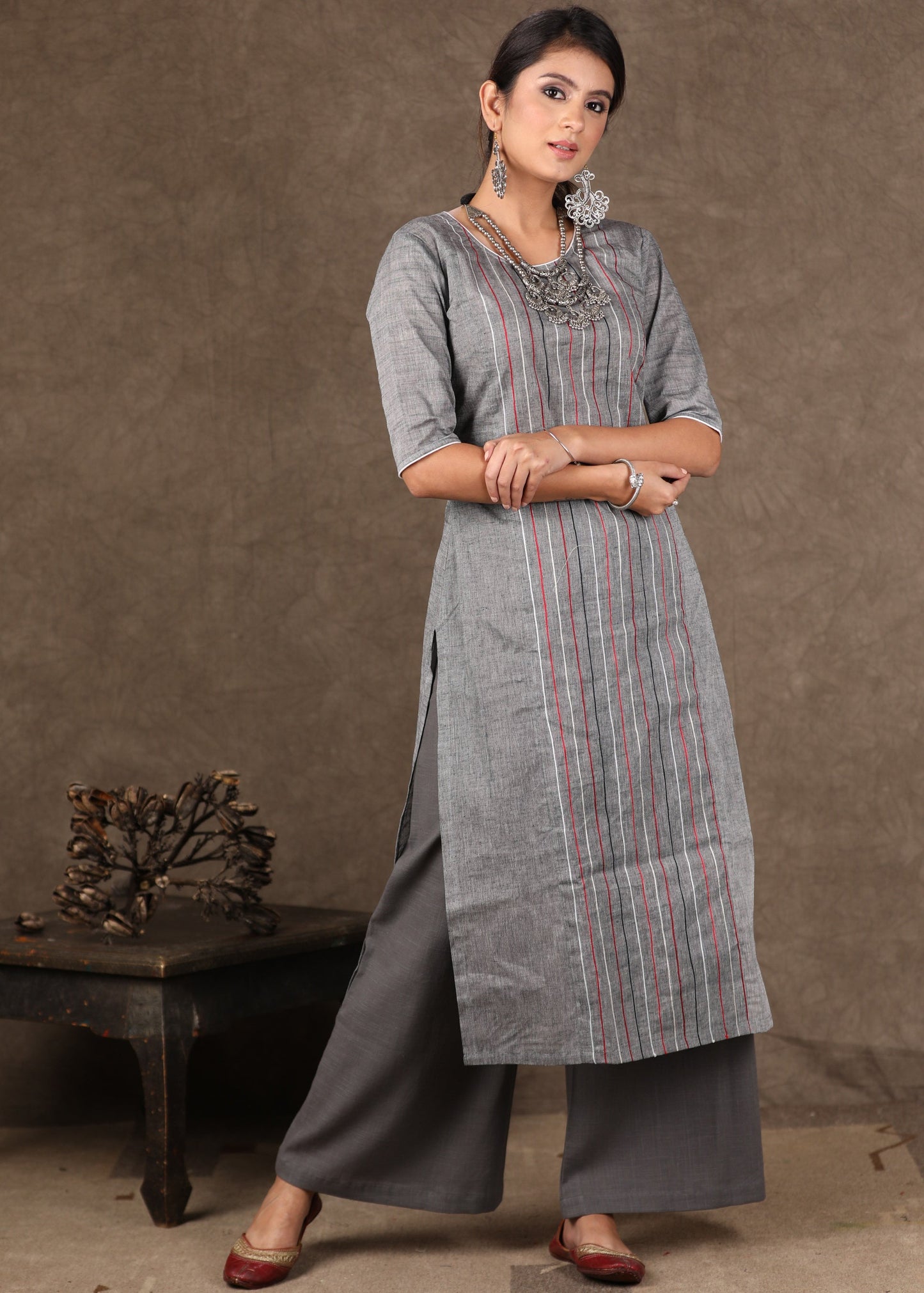 Red Grey Ikat Collared Shrug with Embroidered Kurta -2 Piece (Jacket & Inner Set) Pants Optional