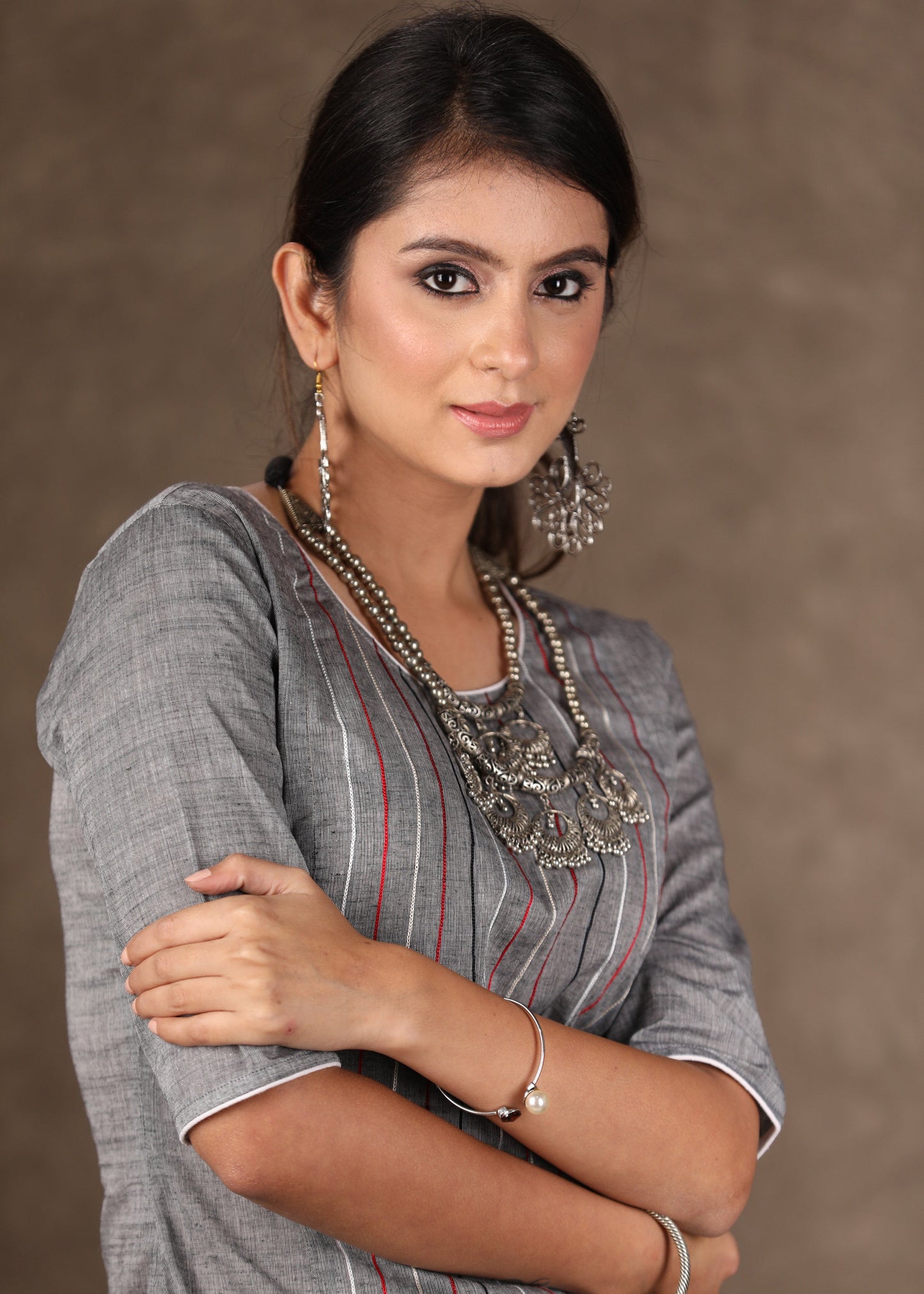 Red Grey Ikat Collared Shrug with Embroidered Kurta -2 Piece (Jacket & Inner Set) Pants Optional