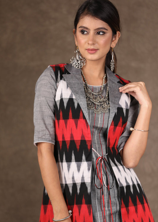 Red Grey Ikat Collared Shrug with Embroidered Kurta -2 Piece (Jacket & Inner Set) Pants Optional