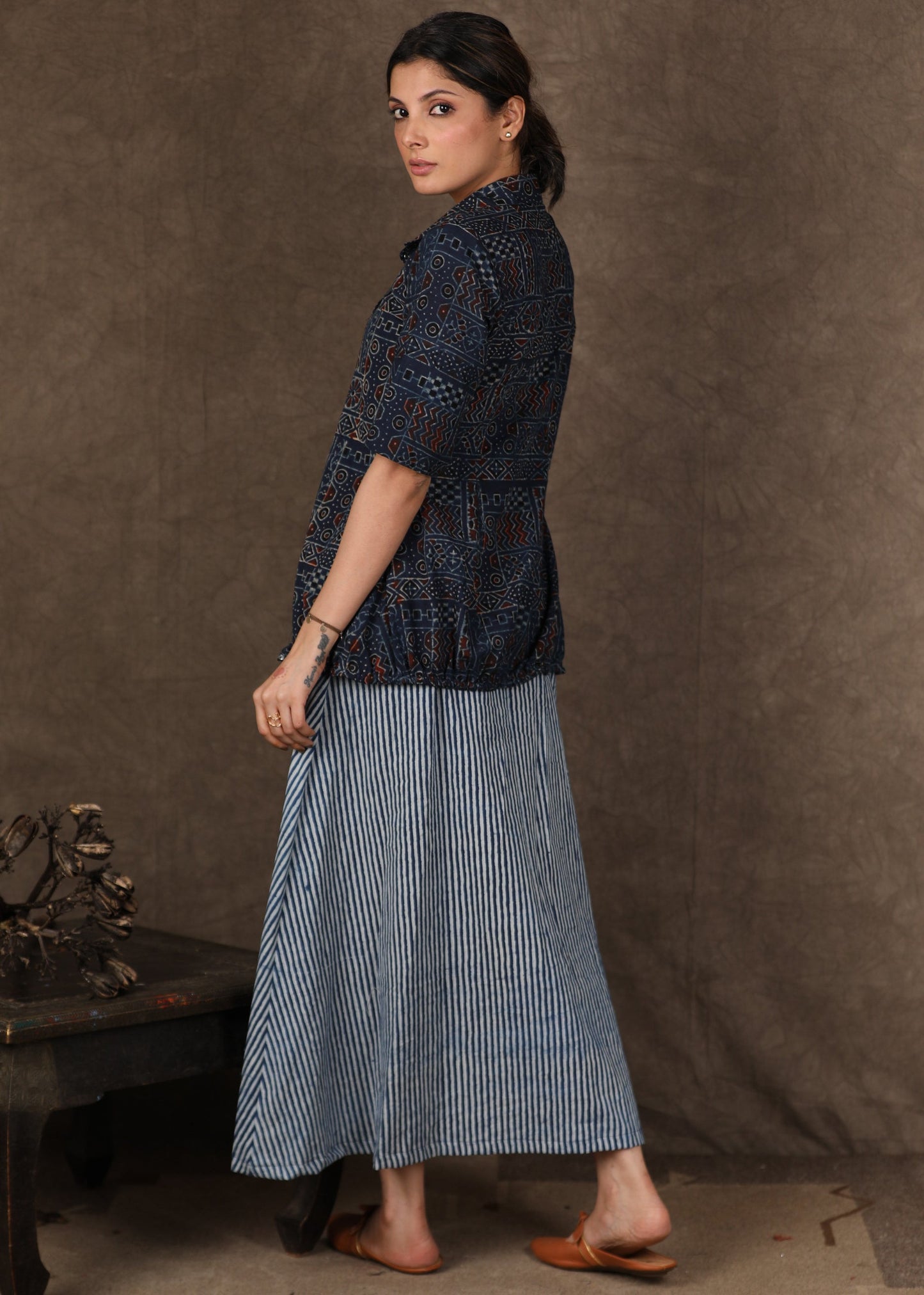 Exclusive Ajrakh Block Printed Shirt Jacket With Applique Work with inner