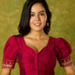 Elegant hand embroidered festive blouse in dark magenta cotton silk.