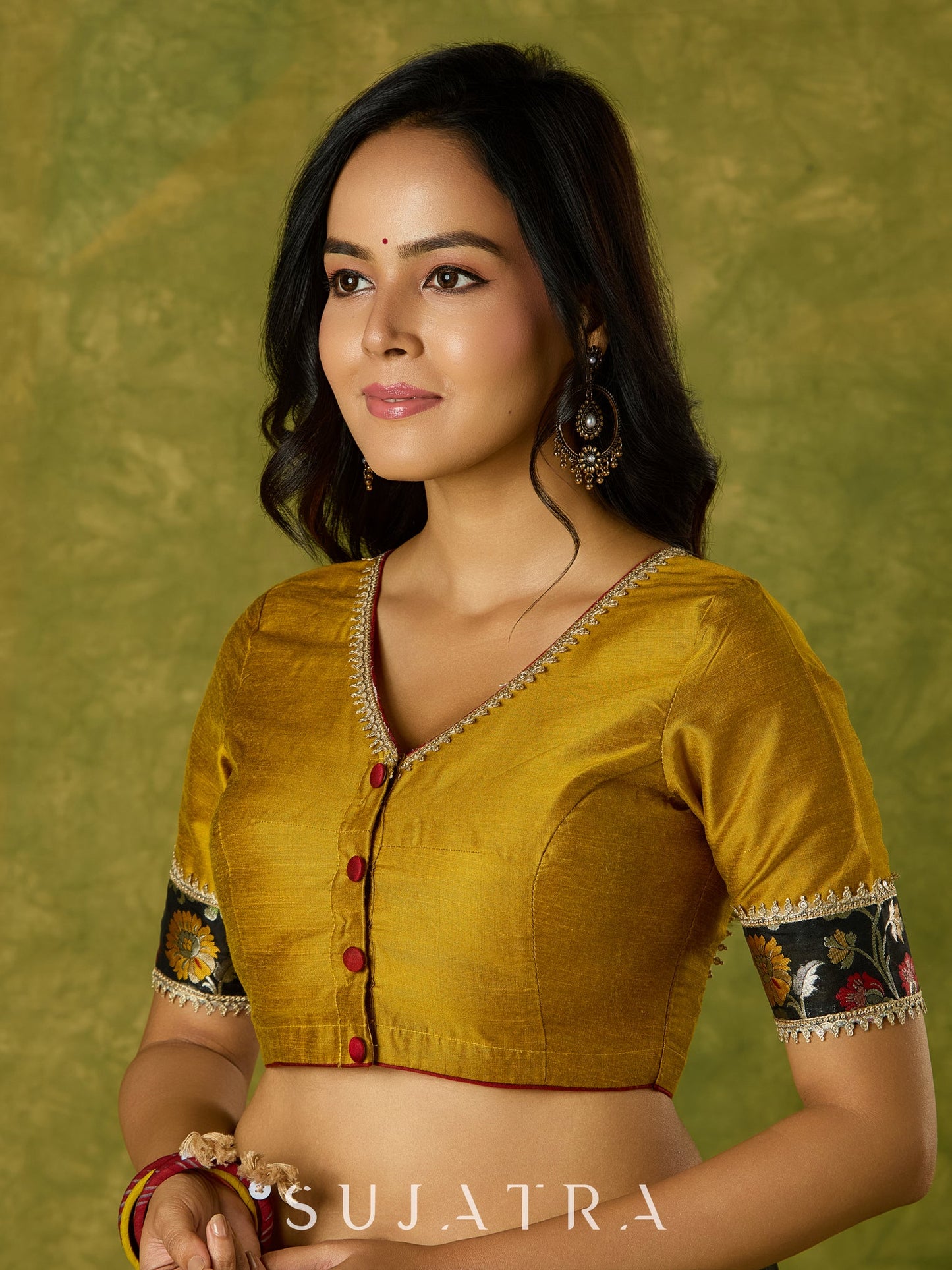 Mustard Banarasi combination blouse with a touch of tradition