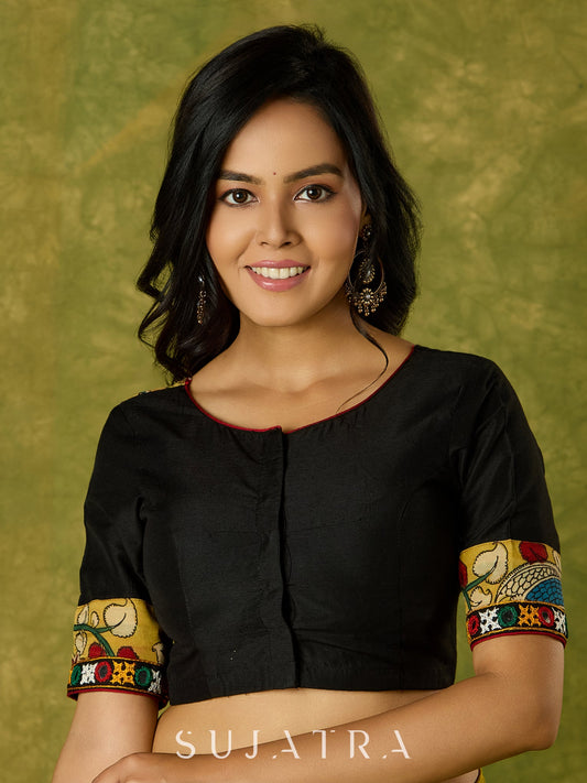 Elegant black cotton silk blouse with kalamkari and mirror highlights