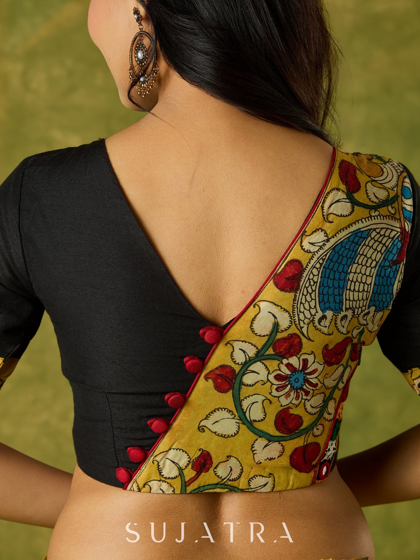 Elegant black cotton silk blouse with kalamkari and mirror highlights