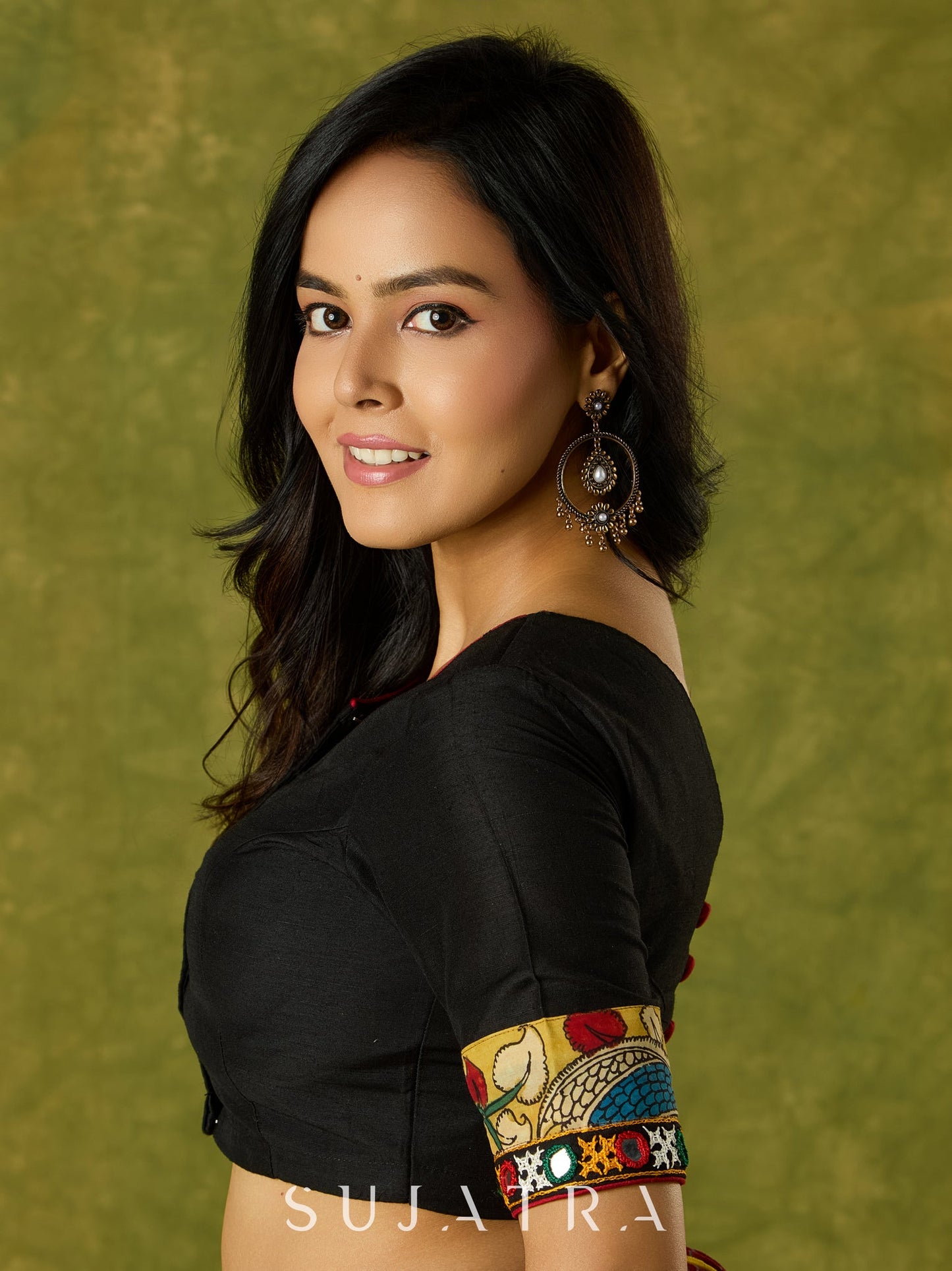 Elegant black cotton silk blouse with kalamkari and mirror highlights