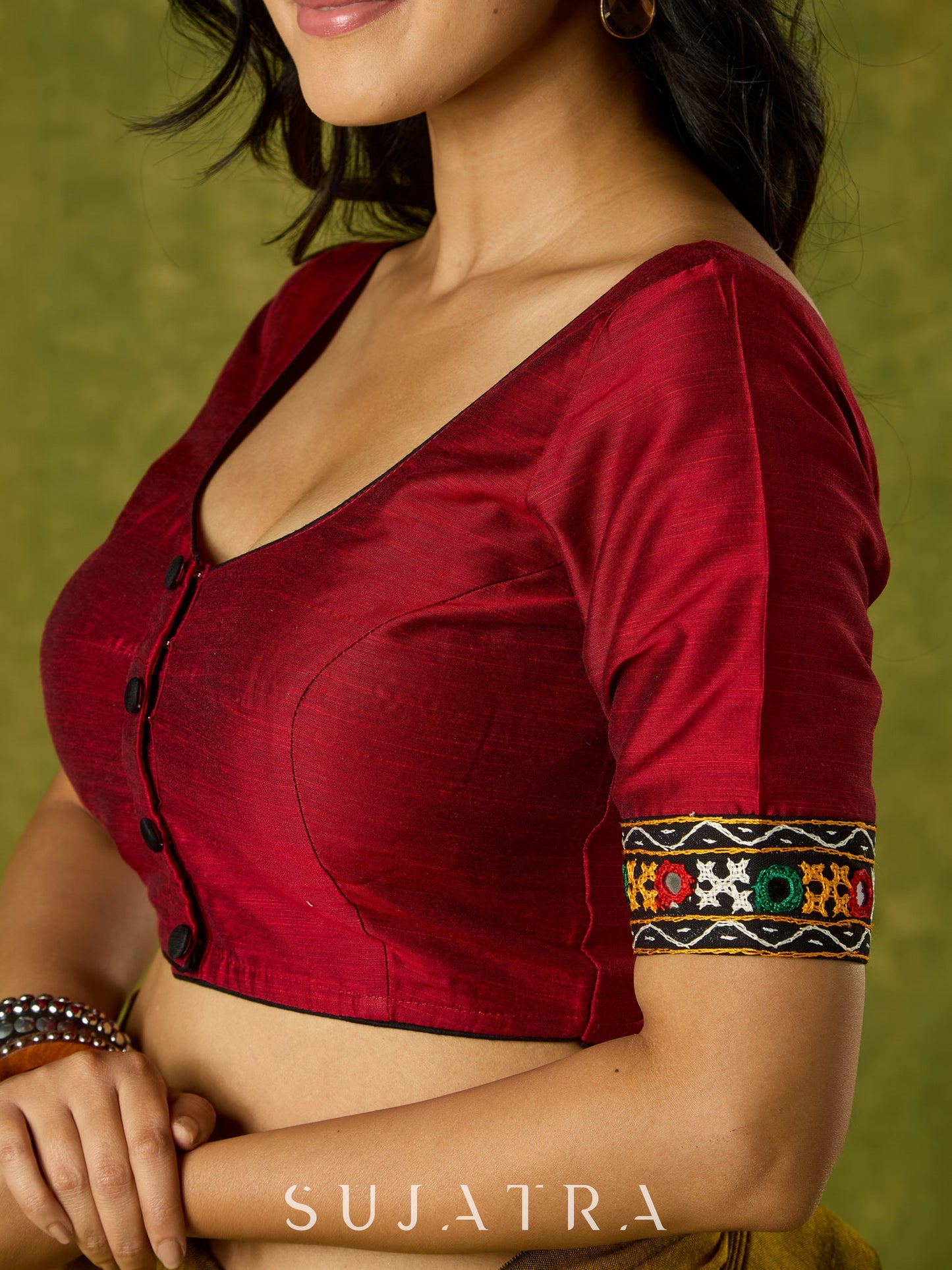 Rich maroon cotton blouse with intricate Kutch mirror embroidery