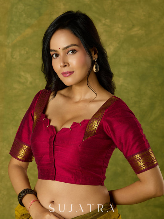 Dark magenta festive blouse with delicate lace highlights.