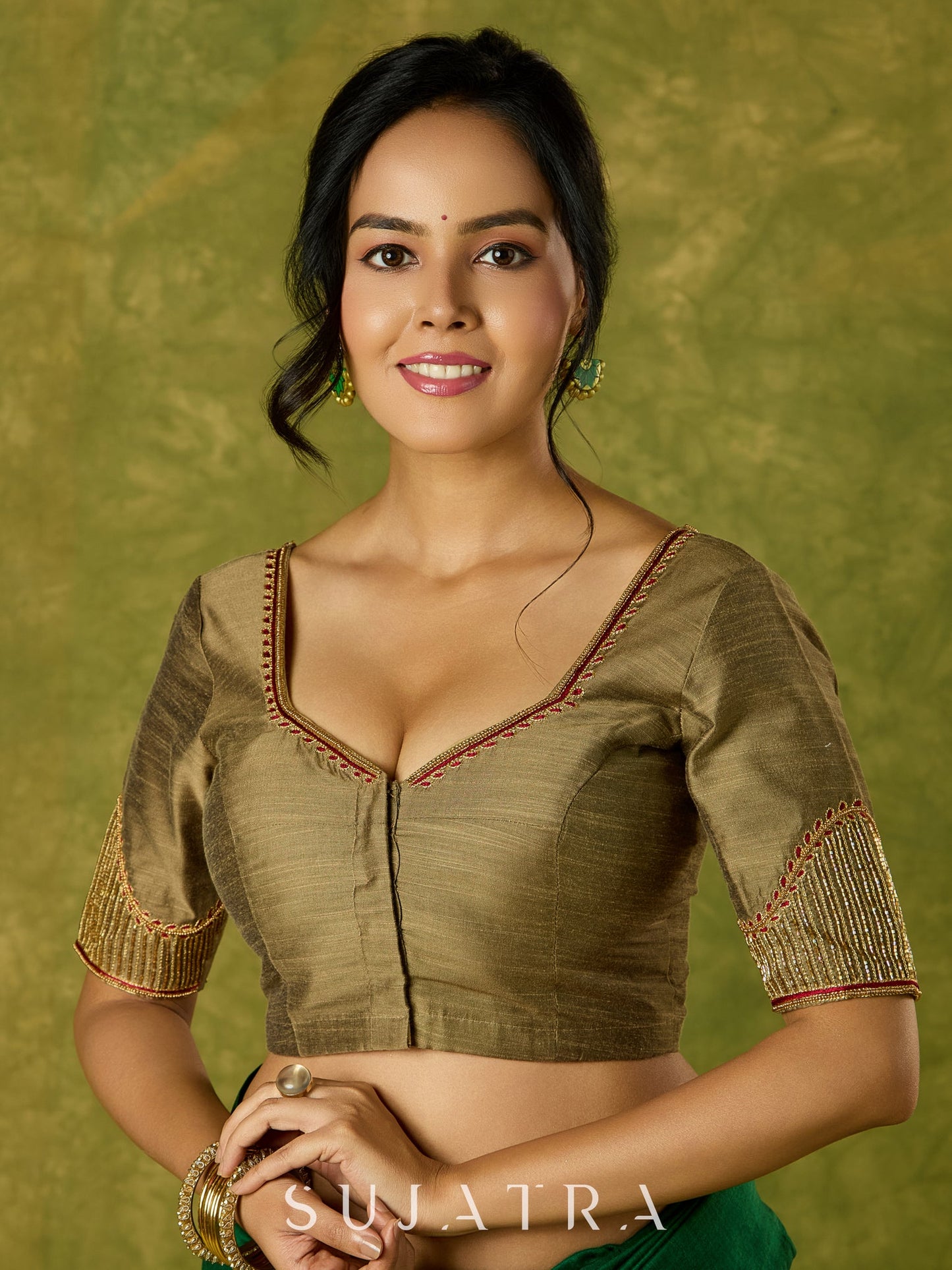 Hand embroidered dark gold cotton silk blouse with elegant details