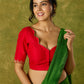 Festive hand embroidered red cotton silk blouse with elegant scallop detailing.