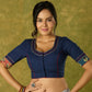 Beautifully hand embroidered navy blue blouse with stylish fabric combination.