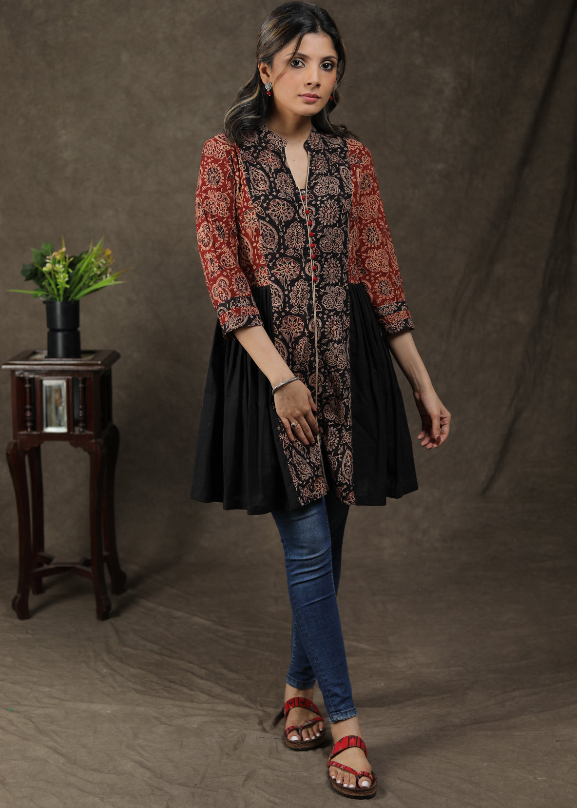 Stylish Cotton Ajrakh Combination Pleated Tunic