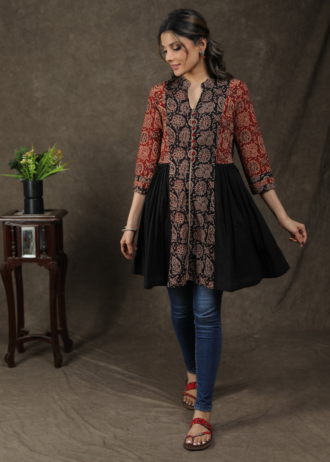 Stylish Cotton Ajrakh Combination Pleated Tunic