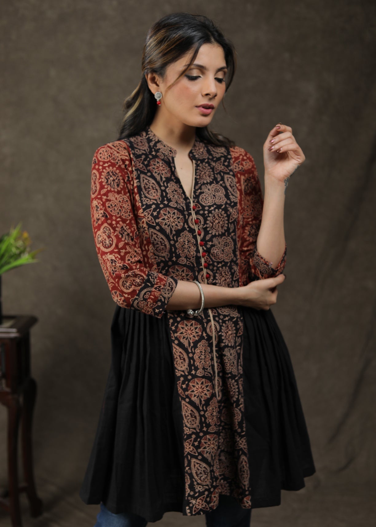 Stylish Cotton Ajrakh Combination Pleated Tunic
