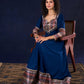 Graceful Navy Blue Rayon Flared Gown with Pleated Statement Sleeves, Embellished Yoke and Pearl Accents