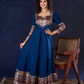 Graceful Navy Blue Rayon Flared Gown with Pleated Statement Sleeves, Embellished Yoke and Pearl Accents