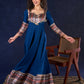 Graceful Navy Blue Rayon Flared Gown with Pleated Statement Sleeves, Embellished Yoke and Pearl Accents