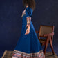 Graceful Navy Blue Rayon Flared Gown with Pleated Statement Sleeves, Embellished Yoke and Pearl Accents