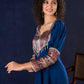 Graceful Navy Blue Rayon Flared Gown with Pleated Statement Sleeves, Embellished Yoke and Pearl Accents