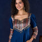 Graceful Navy Blue Rayon Flared Gown with Pleated Statement Sleeves, Embellished Yoke and Pearl Accents