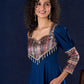 Graceful Navy Blue Rayon Flared Gown with Pleated Statement Sleeves, Embellished Yoke and Pearl Accents