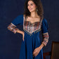Graceful Navy Blue Rayon Flared Gown with Pleated Statement Sleeves, Embellished Yoke and Pearl Accents