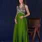 Radiant flowy Moss Green and Blue Flared Gown with Kalamkari Yoke & Intricate Silver Accents