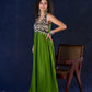 Radiant flowy Moss Green and Blue Flared Gown with Kalamkari Yoke & Intricate Silver Accents