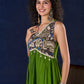 Radiant flowy Moss Green and Blue Flared Gown with Kalamkari Yoke & Intricate Silver Accents