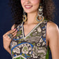 Radiant flowy Moss Green and Blue Flared Gown with Kalamkari Yoke & Intricate Silver Accents