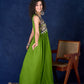 Radiant flowy Moss Green and Blue Flared Gown with Kalamkari Yoke & Intricate Silver Accents
