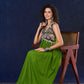 Radiant flowy Moss Green and Blue Flared Gown with Kalamkari Yoke & Intricate Silver Accents