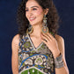 Radiant flowy Moss Green and Blue Flared Gown with Kalamkari Yoke & Intricate Silver Accents