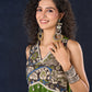 Radiant flowy Moss Green and Blue Flared Gown with Kalamkari Yoke & Intricate Silver Accents
