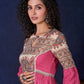Exquisite Pastel Pink Long Gown featuring Side Gathers, Madhubani Panel & Subtle Embellishment