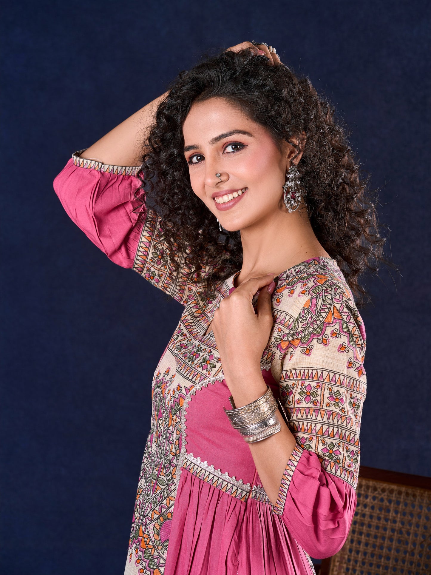 Exquisite Pastel Pink Long Gown featuring Side Gathers, Madhubani Panel & Subtle Embellishment