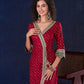 Heritage Maroon Bandhani A-Line Angarkha Gown with Minimal Lace Embellishment & Statement Tassels