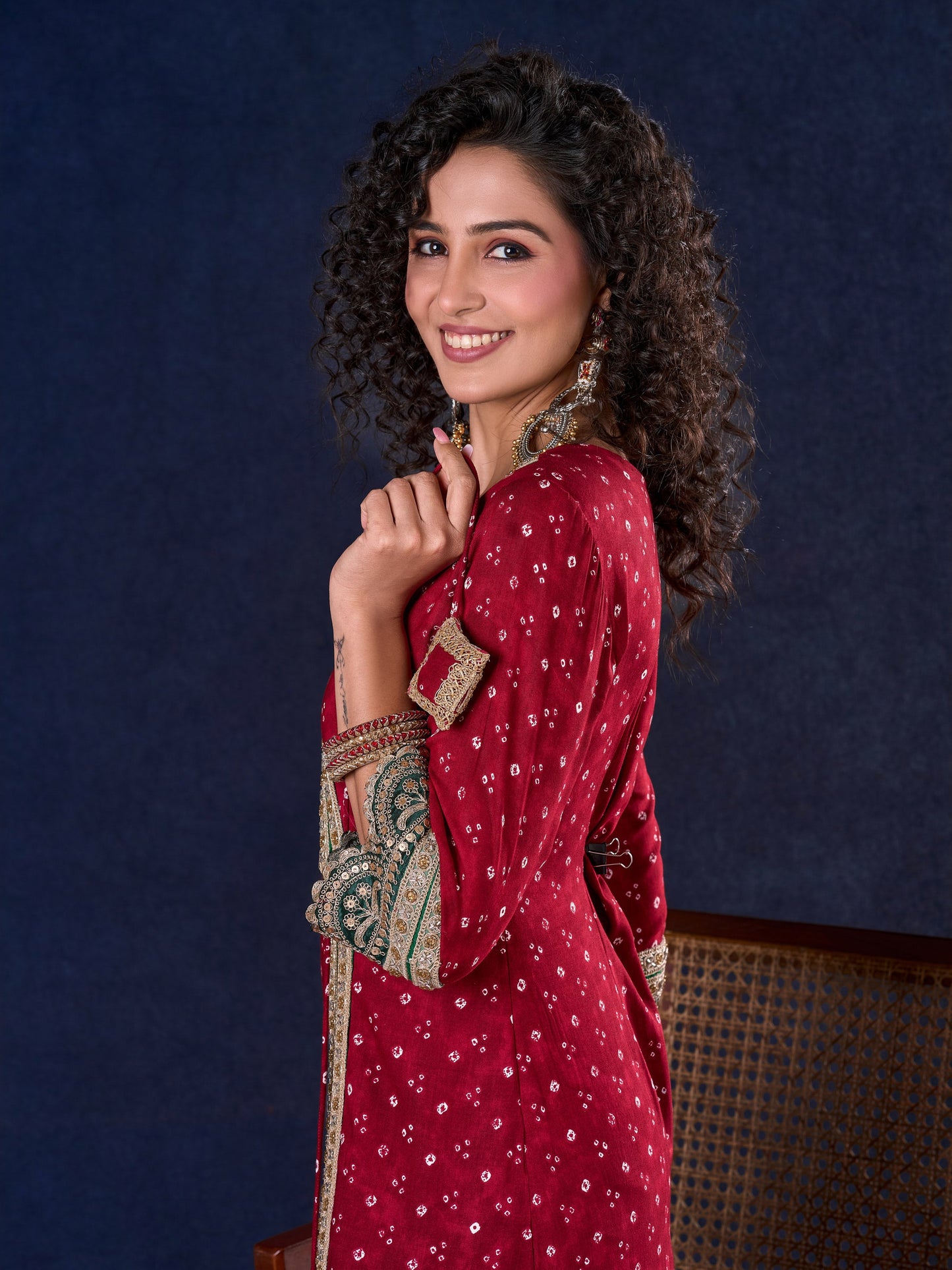 Heritage Maroon Bandhani A-Line Angarkha Gown with Minimal Lace Embellishment & Statement Tassels