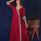 Heritage Maroon Bandhani A-Line Angarkha Gown with Minimal Lace Embellishment & Statement Tassels